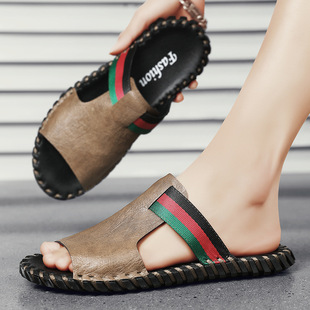 Cross-border Slippers Men's Summer Casual Sandals Trendy Soft-soled Beach Shoes Non-slip Wear-resistant Large Size Thick-soled Leather Slippers