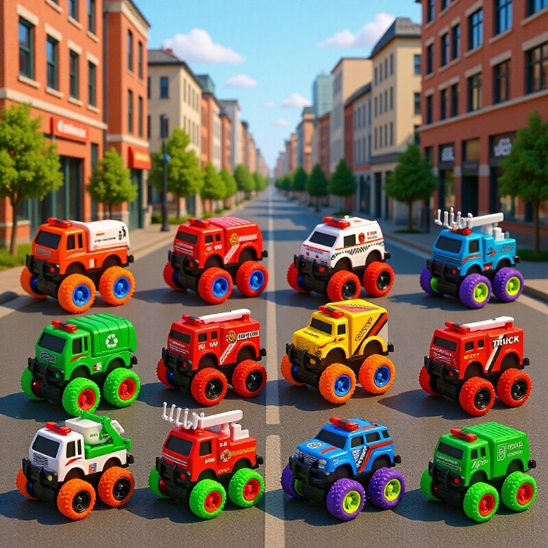 Alloy Cartoon Big Wheel Car Model Set Q Version Model Fire Truck Engineering Vehicle Police Car Amazon Toys