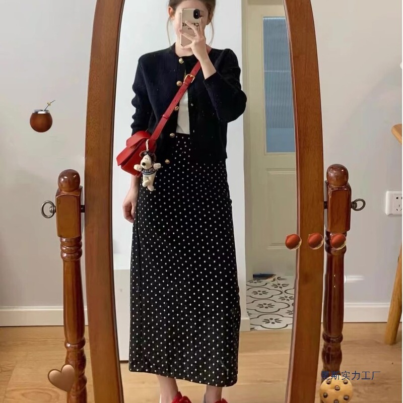 Black Knitted Cardigan Top and Polka Dot Skirt for Women, 2026 Spring New Style, Chanel-Style Two-Piece Set 25036