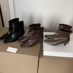 牛皮版~葡萄ma同款增高6.5cm短靴法式方头细跟瘦瘦靴女短筒踝靴