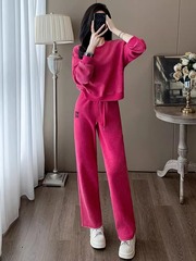 揚げ街洋気ファッション長袖セット女性春秋2025丸首衛衣広脚2点セットレジャー運動減齢