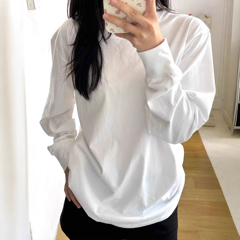 纯棉圆领长袖T恤女春秋冬白色叠穿上衣纯色基础款宽松内搭打底衫|undefined