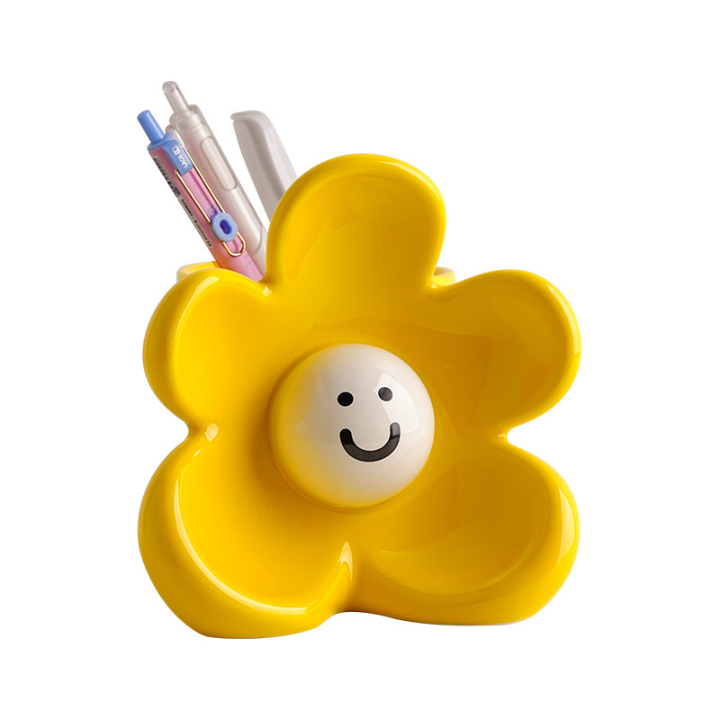 かわいい花のスマイリーフェイスセラミックペンホルダー装飾品オフィスデスクトップストレージ装飾親友の誕生日プレゼントとして|undefined