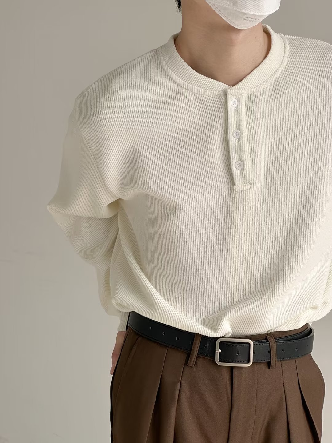 Herrenbekleidung Langarm-T-Shirt, Waffelstrick-Henley-Langarm-T-Shirt für Herren - Strukturierter, lässiger Arbeitspullover mit Knopfleiste_voghion.com