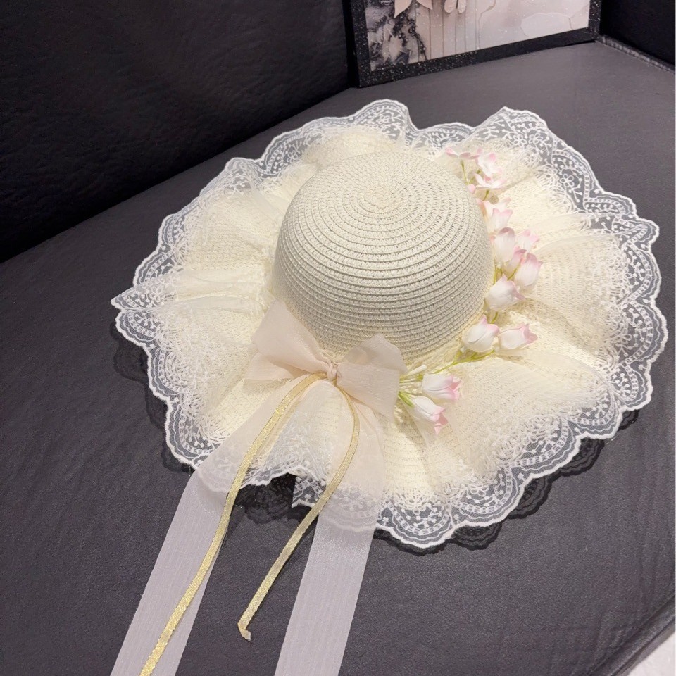 A80出游度假海边花朵拉菲草帽女夏季大檐草编防晒遮阳帽沙滩帽子