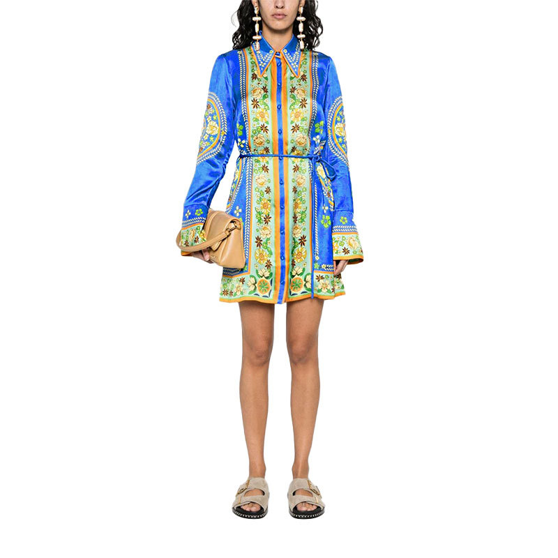 Women's Dress With Turn-Down Collar, Tie Waist, Printed Long Sleeves_ecoleips.com