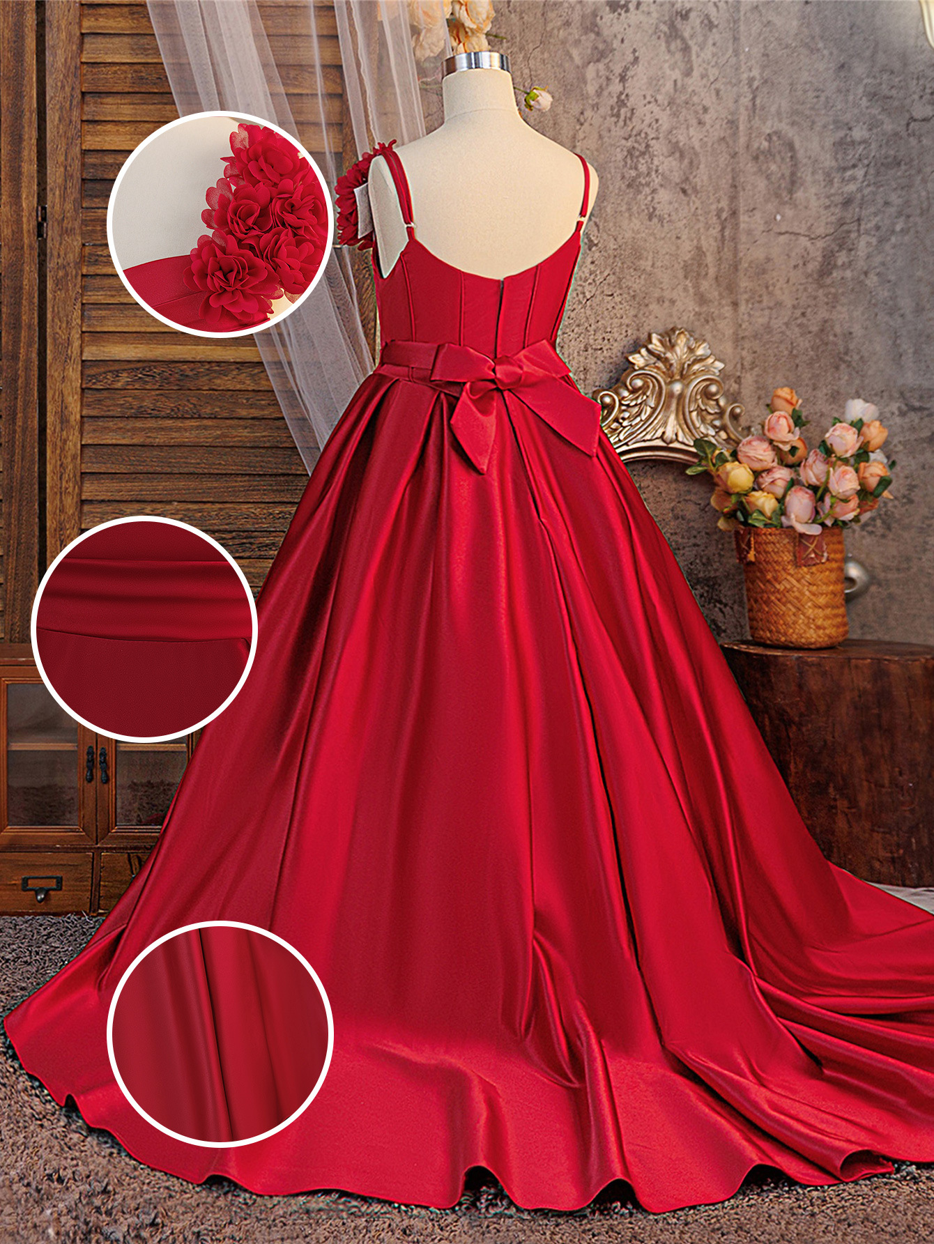 Vestido infantil vestido de cola vestido vestido de flor satin vestido de princesa vestido de novia vestido de niña