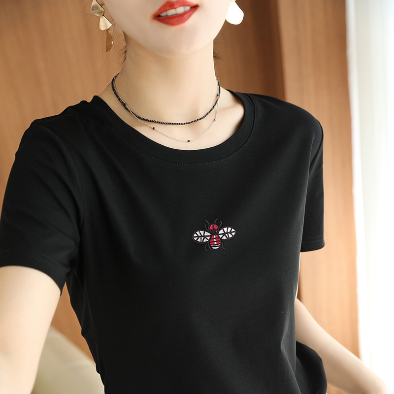 Short-sleeved T-shirt women's embroidered vest with mercerized cotton casual fashion floral half-sleeve fashion brand top Korean style