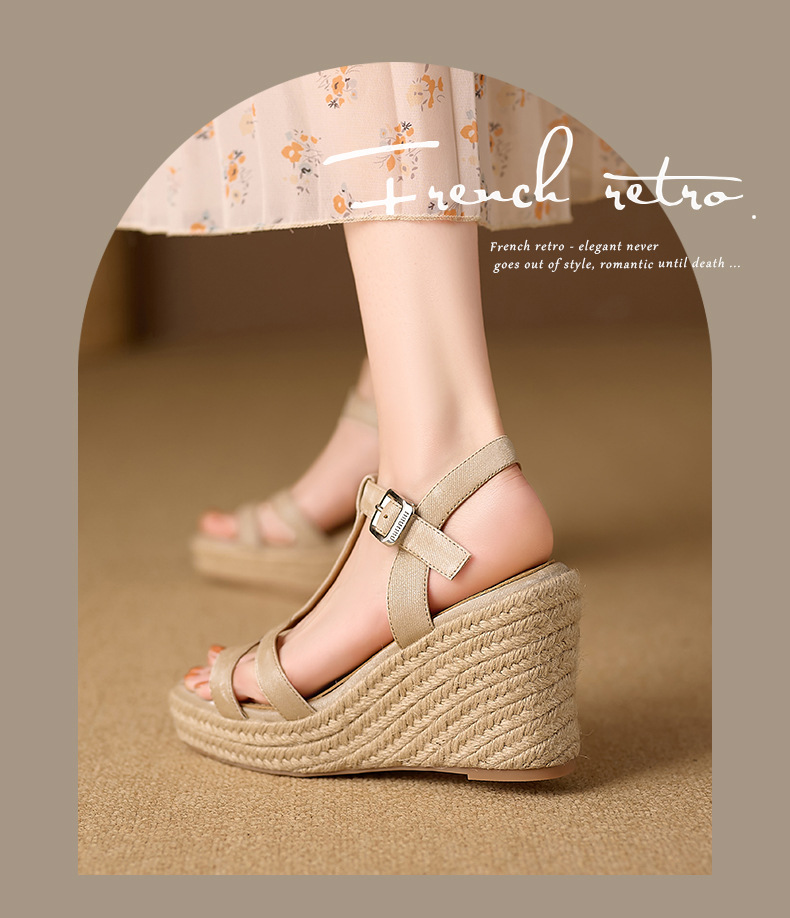 Sandal cao gót nữ hở mũi đế xuồng bện rơm, quai chữ T khóa cài, gót 9 cm — xanh lá cây, màu mơ chi tiết 1