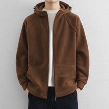 新款棕色摇粒绒连帽卫衣男开衫拉链外套秋冬加厚保暖休闲上衣批发