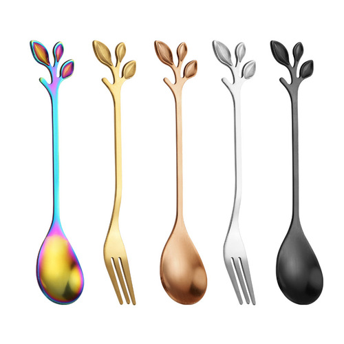 Stainless steel leaf spoon and fork Nordic mixing spoon simple coffee spoon creative gold-plated dessert spoon colorful fruit fork