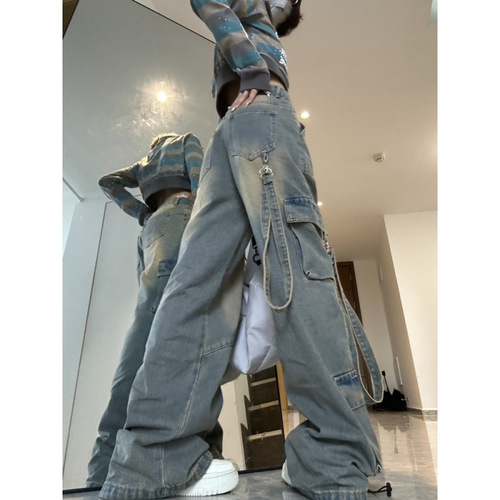 American street style oversized jeans for men and women, high-end street design with pocket detail, high-waisted, loose, falling sensation, floor-length, trendy