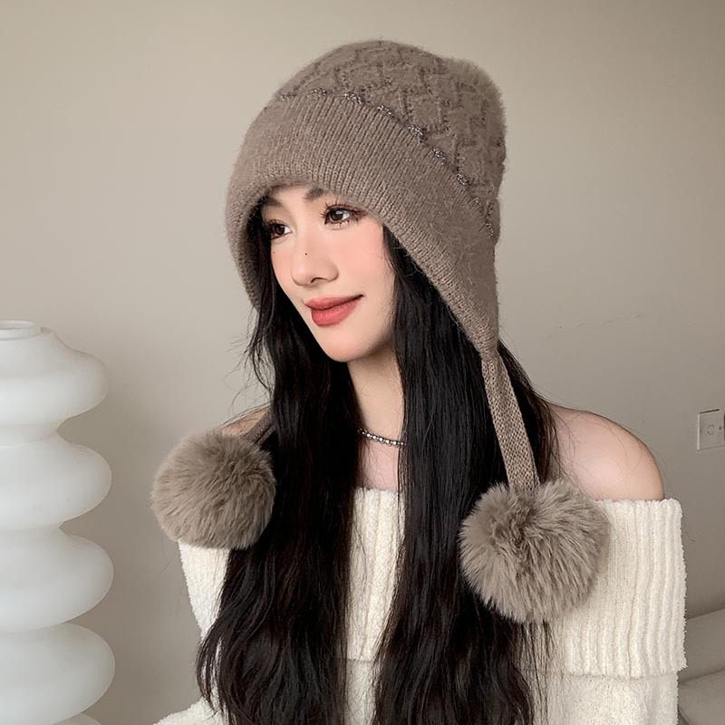 毛线帽女2024新款冬季保暖护耳针织帽秋冬加绒加厚显脸小毛绒帽子