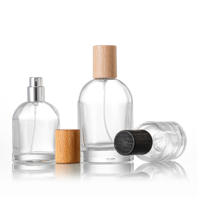 Botella de Perfume Cilíndrica de Vidrio Vacía con Pulverizador de Rocío Fino, Botella de Vidrio Recargable con Tapa de Madera de Haya, Exportación del Sudeste Asiático, Rocío Fino