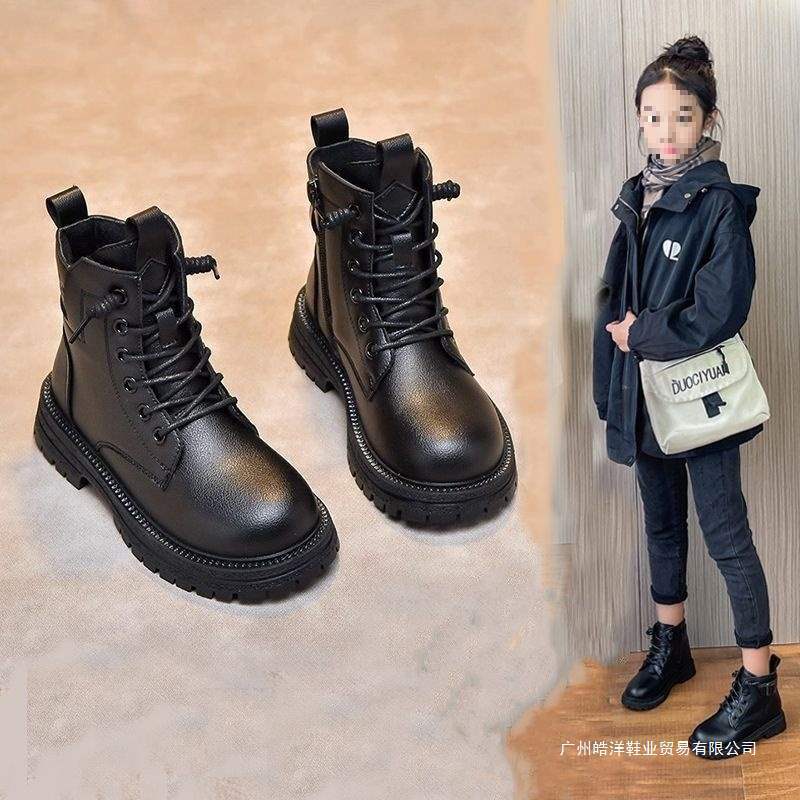 Children's Genuine Soft Leather Boots Autumn and Winter Girls' Fashion Boots British Style Plus Velvet Men's Cotton Boots Girls' Short Boots