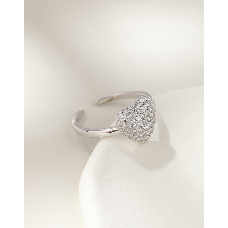 Anillo de diamante de plata esterlina 925 en forma de corazón femenino simple y universal nicho de alto nivel amoroso anillo de apertura joyas