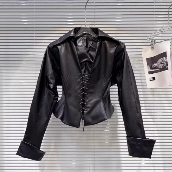 2026 Winter New Style Street Fashion Spicy Girl V-Neck Lapel Tie Design Waist-Cinching Pu Leather Shirt Jacket