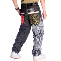ファッションメンズストレート長ズボンヒップホップジーンズhiphopストリートダンス落書きプリント刺繍ゆるいスケートボードズボン