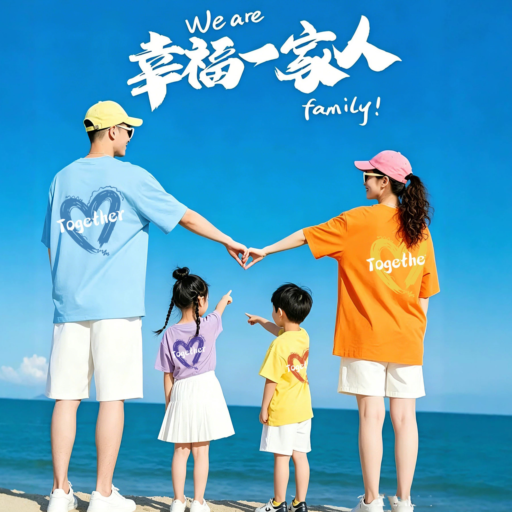 爱心亲子装一起去旅行夏季度假亲子装拍照全家装一家三四口母女装