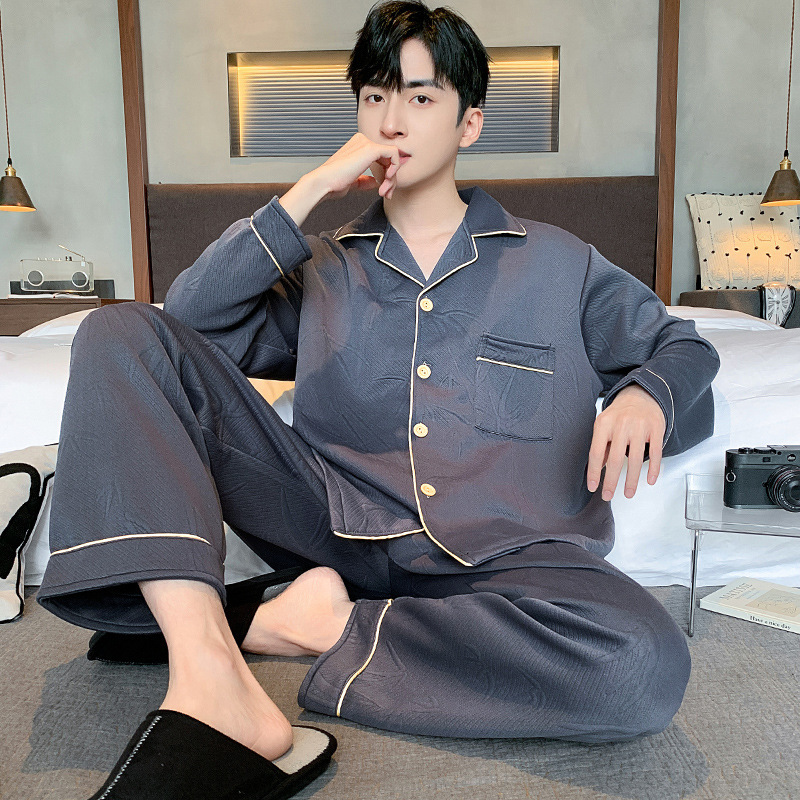 Pijama de algodón de aire para hombres primavera y otoño invierno intercalado de manga larga de algodón para jóvenes engrosados Cardigan conjunto de ropa para el hogar