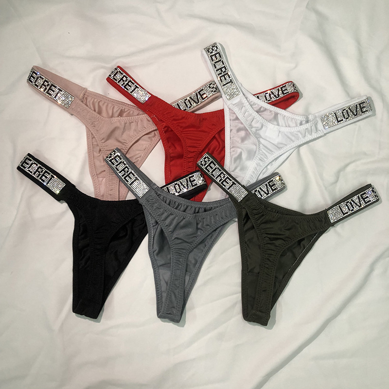 Foreign trade European and American sexy rhinestone thong underwear women's fitness sports hip lifting low waist high fork fashion T pants letters