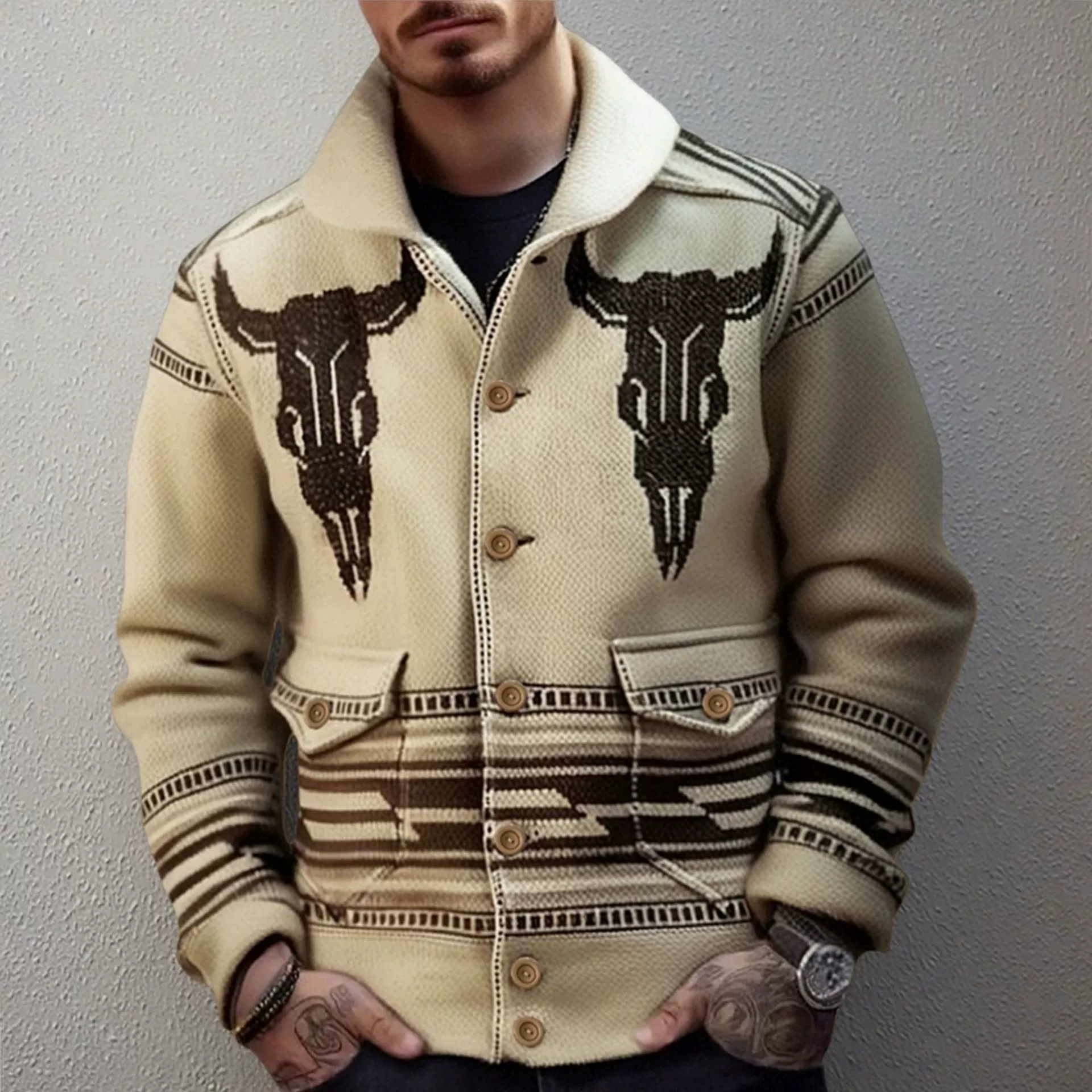 Внешняя торговля Amazon новая мужская одежда Европейский и американский жаккардовые трикотажные пальто с длинным рукавом лацканами кардиган свитер мужской SY0037