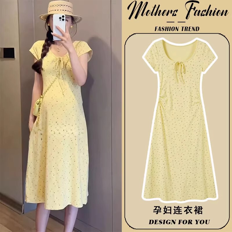 Maternity Dress Summer 2026 New Korean Style Slimming Thin Short-Sleeve Sweet Youthful Floral Dress Mid-Length for Women