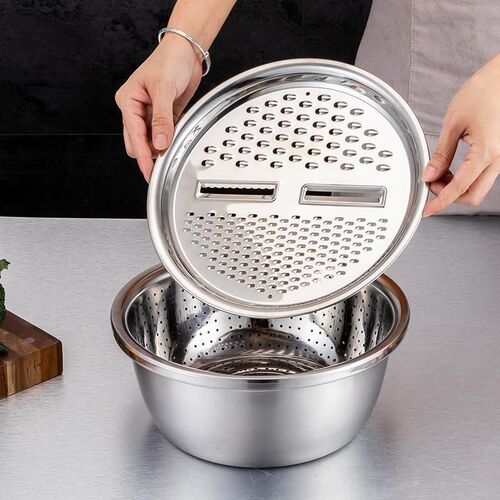Stainless Steel Shredder Bowl Three-Piece Set Kitchen Household Multi-Functional Shredder Bowl Drainage Bowl Rice Washing Bowl Drainage Basin Vegetable Washing Basin 