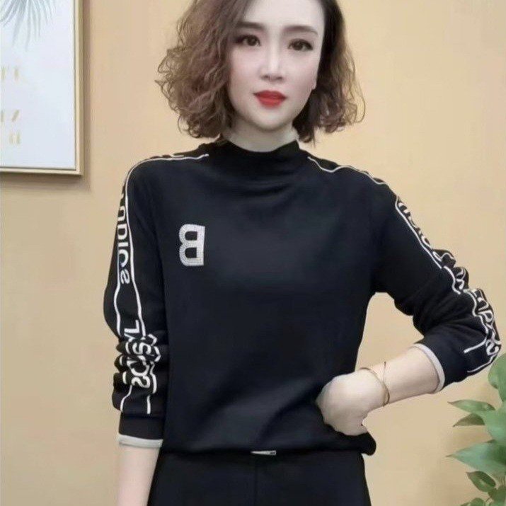 一件代发正宗德绒2025秋季新款时尚拼色半高领字母印花打底衫女装|undefined