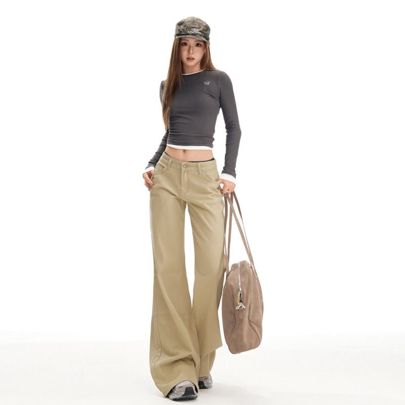 Shangya 5579 Khaki Color Slightly Flared Non-Tight-Fitting Pure Cotton Jeans for Women, American Retro Low-Waist Slim-Fit Long Pants