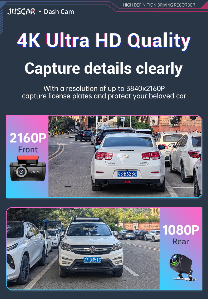Driving Recorder with Wifi Connectivity, Dual Recording of Front and Rear Vehicles, 24-Hour Parking Monitoring, Night Vision, Reversing Images