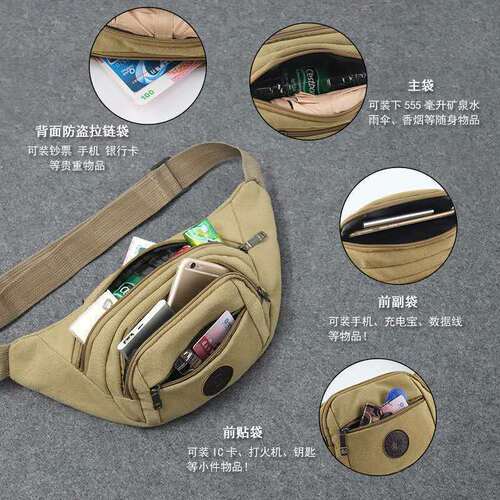 New unisex canvas waist bag for business, money, large capacity, sports, multi-functional crossbody bag, casual mobile phone and chest bag