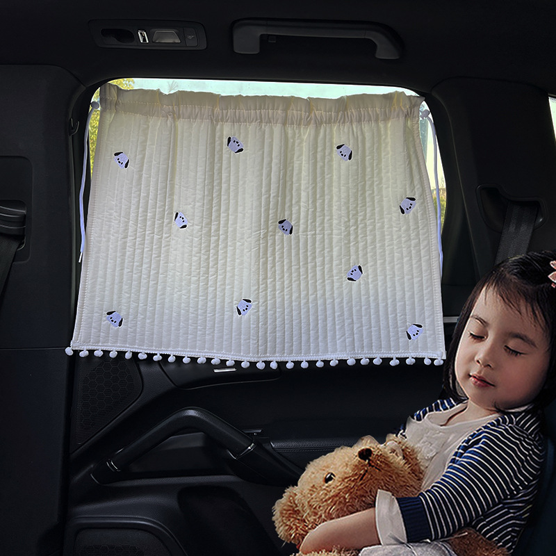 汽車遮陽簾刺繡卡通車用防曬隔熱遮光簾可愛吸盤式汽車窗簾遮陽擋