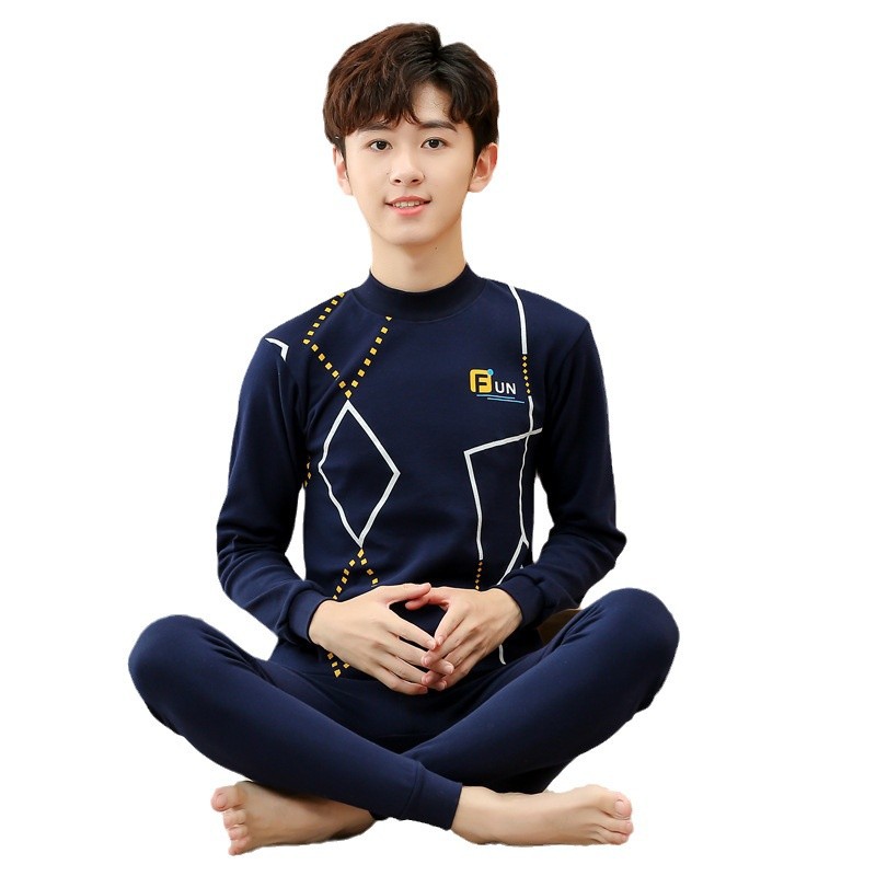 (2개) 십대 면화 스웨터 미드 칼라 순면 열 속옷 세트 가을 옷 순수 바지 순면 얇은 반 높은 칼라 홈 옷