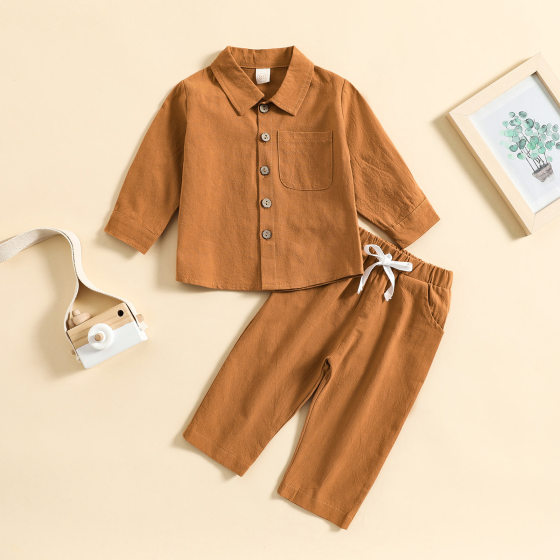 Cross-border Children's Suit Spring and Autumn Boy's Solid Color Cotton and Linen Collar Shirt Casual Comfortable Long-sleeved Trousers Two-piece Set