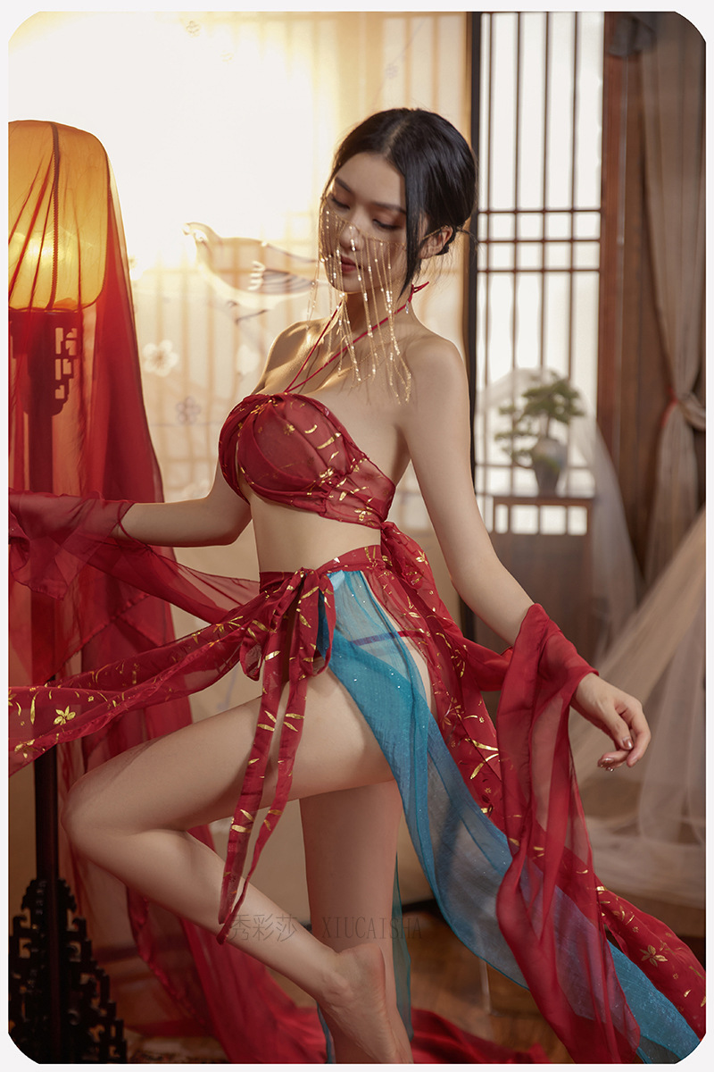 Chiffon Roleplay Nightdress Set with Top, Skirt and Thong, Sheer Mesh Style, One Size — detail image 6