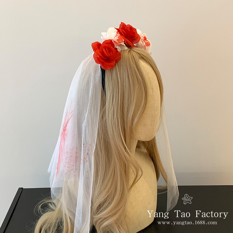 Bloody Bride Oscuro Rojo Flores Cabello Bandera Blanco Mesh Headband Halloween Ghost Cos Bride Accessories Cabello