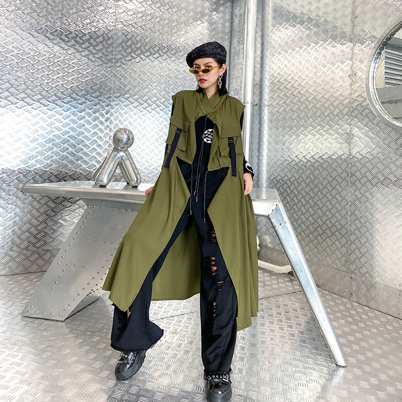 Estilo coreano traje suelto collar sin mangas Chaleco de primavera y otoño de las mujeres delgada cintura apretada diseño sentido nicho estilo occidental cardigan vestido