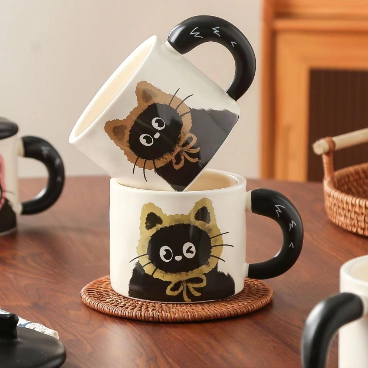 Gato taza de diseño retro taza de cerámica con cubierta caja de regalo regalo regalo de mano taza de caricatura de alta calidad para chicas