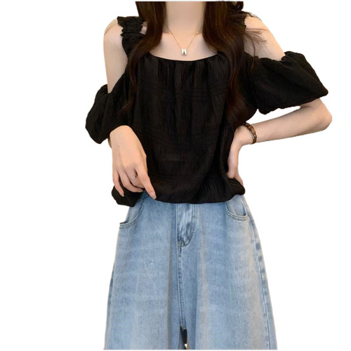 Women's Summer French Shoulder Strap Blouse with Design Sense, Unconventional Loose Fit, Slimming Short Sleeve Top with Bubbles