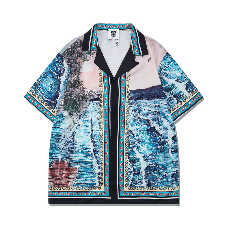 Chaoshen verano casual playa camisa de manga corta europea y americana impresión digital ola abstracta suelta traje cardigan hombres
