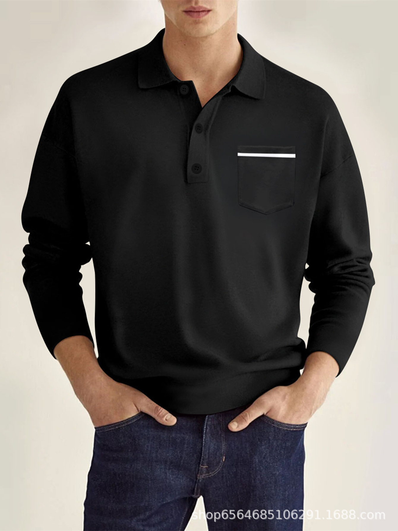 Estación independiente wish Amazon estilo caliente primavera manga larga con cuello en V botones bolsillos reales para hombres tops casuales polo