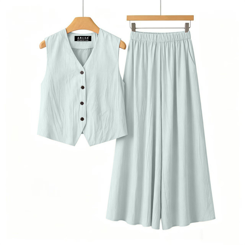 Elegant Sleeveless Vest Top Paired with Silky Wide-Leg Long Skirt Pants Set, Comfortable Korean-Style Outfit That Enhances a Radiant Figure, a Hit Item for Photoshoots