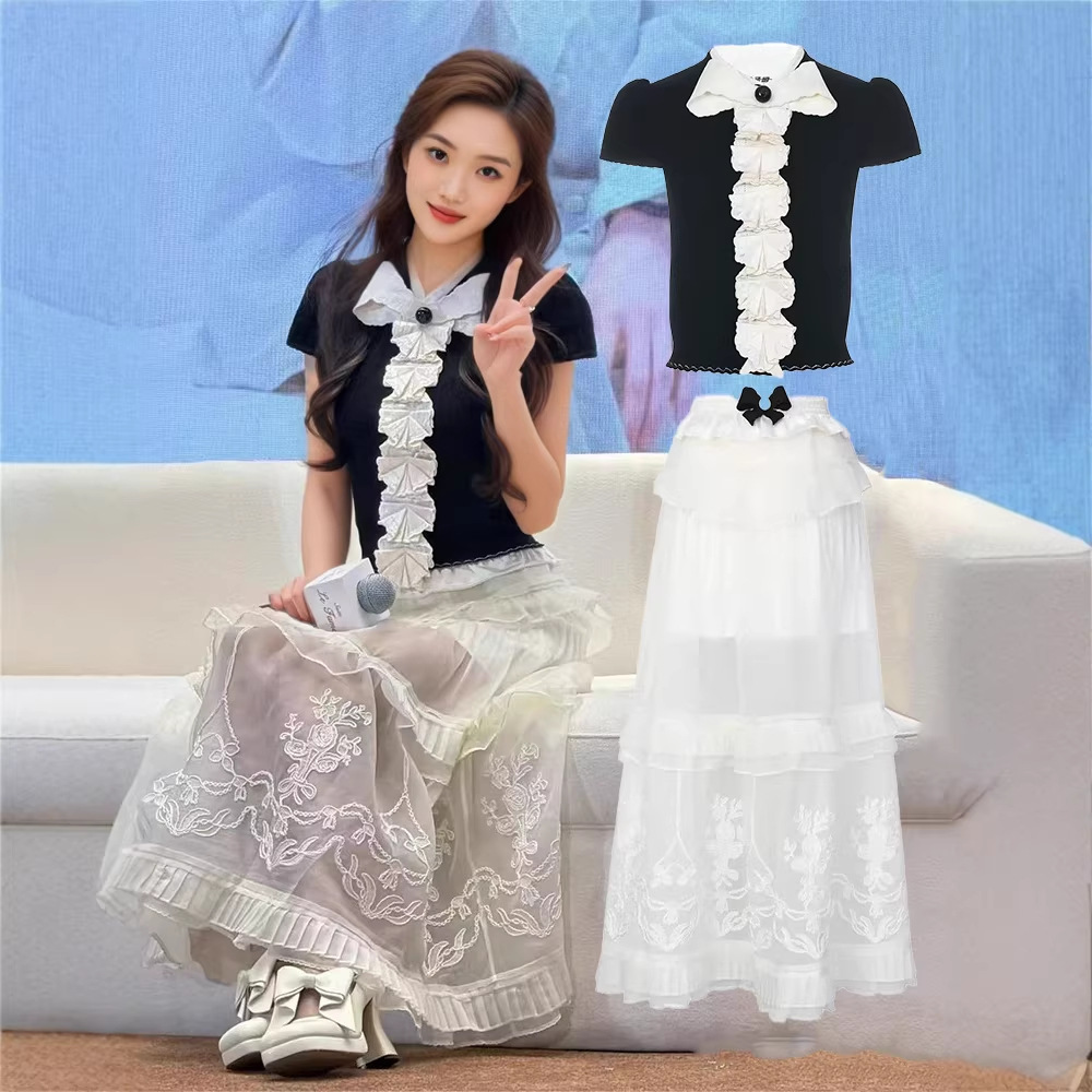 2026新款杨颖同款荷叶边刺绣网纱半身裙套装女蝴蝶结针织衫上衣