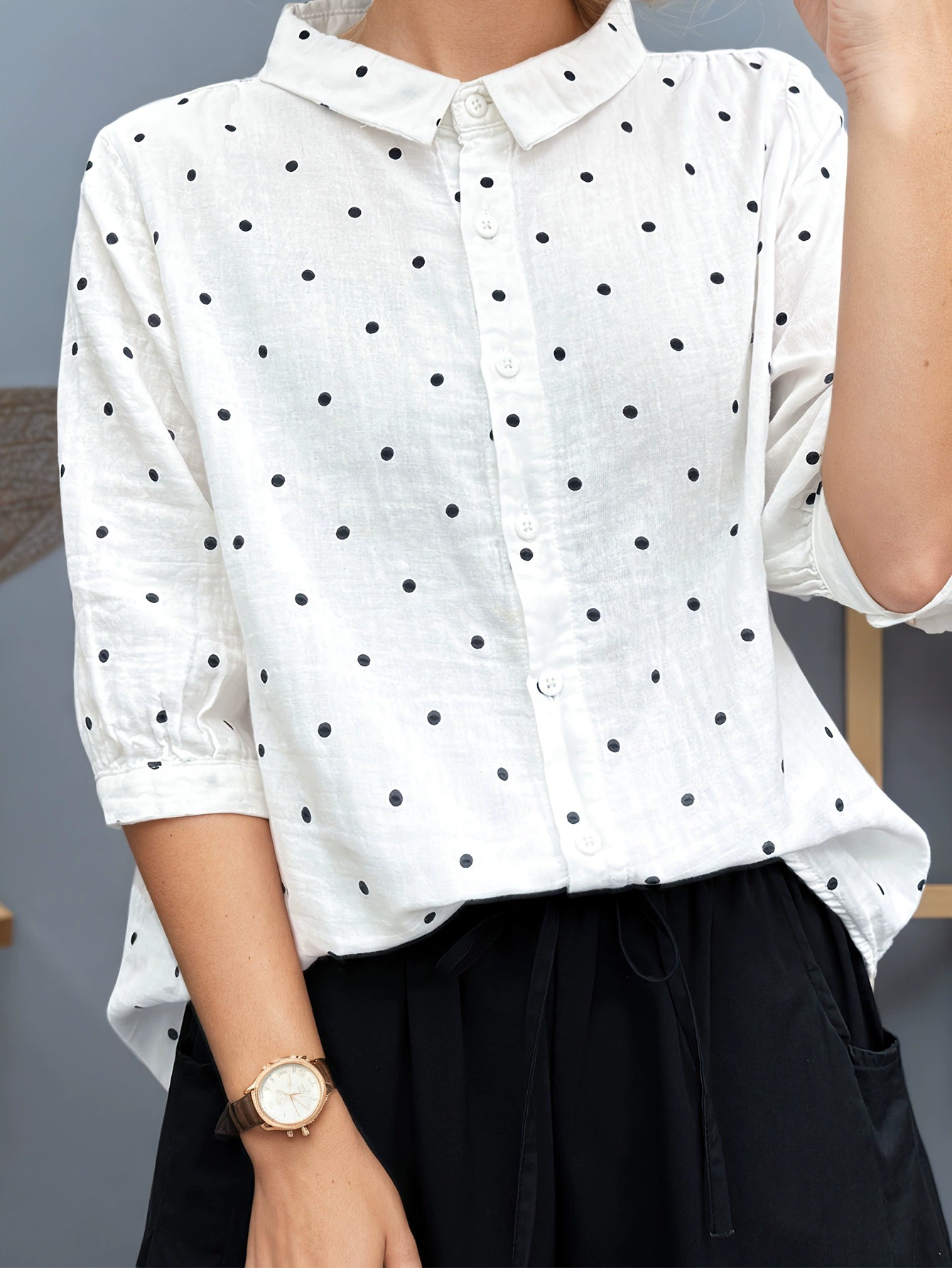 Polka dot Shirt Thin White Polka dot Double Lapel Women's