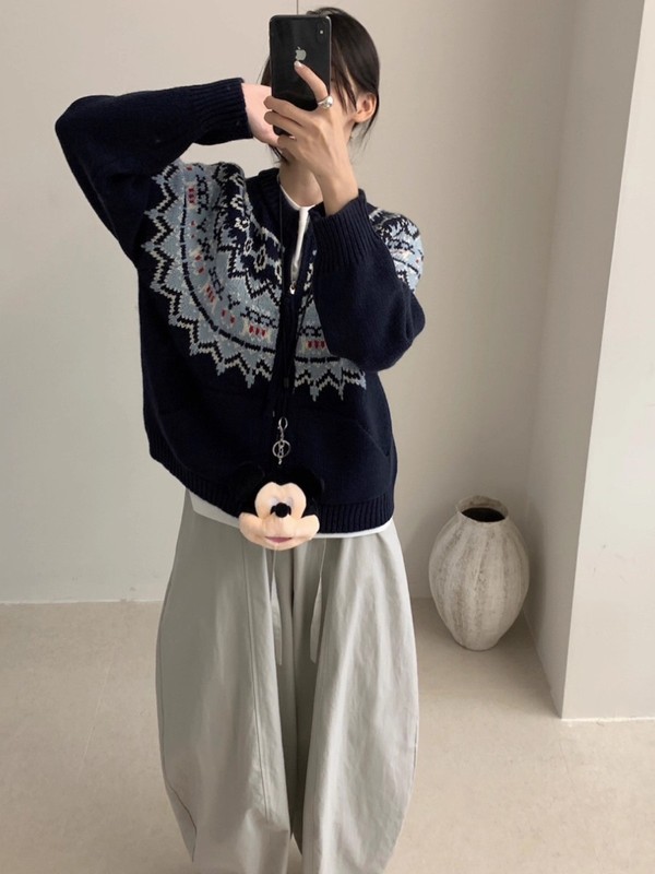 韩版费尔岛软糯提花插肩袖双拉链保暖毛衣开衫女秋季宽松潮|undefined