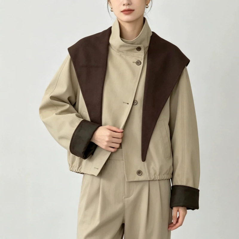 2026 Spring and Autumn New Style Stand Collar Short Hem Elegant Women's Trench Coat Versatile Casual Fashion Jacket with Shawl 2026 Spring and Autumn New Style Stand Collar Short Hem Elegant Women's Trench Coat Versatile Casual Fashion Jacket with Shawl