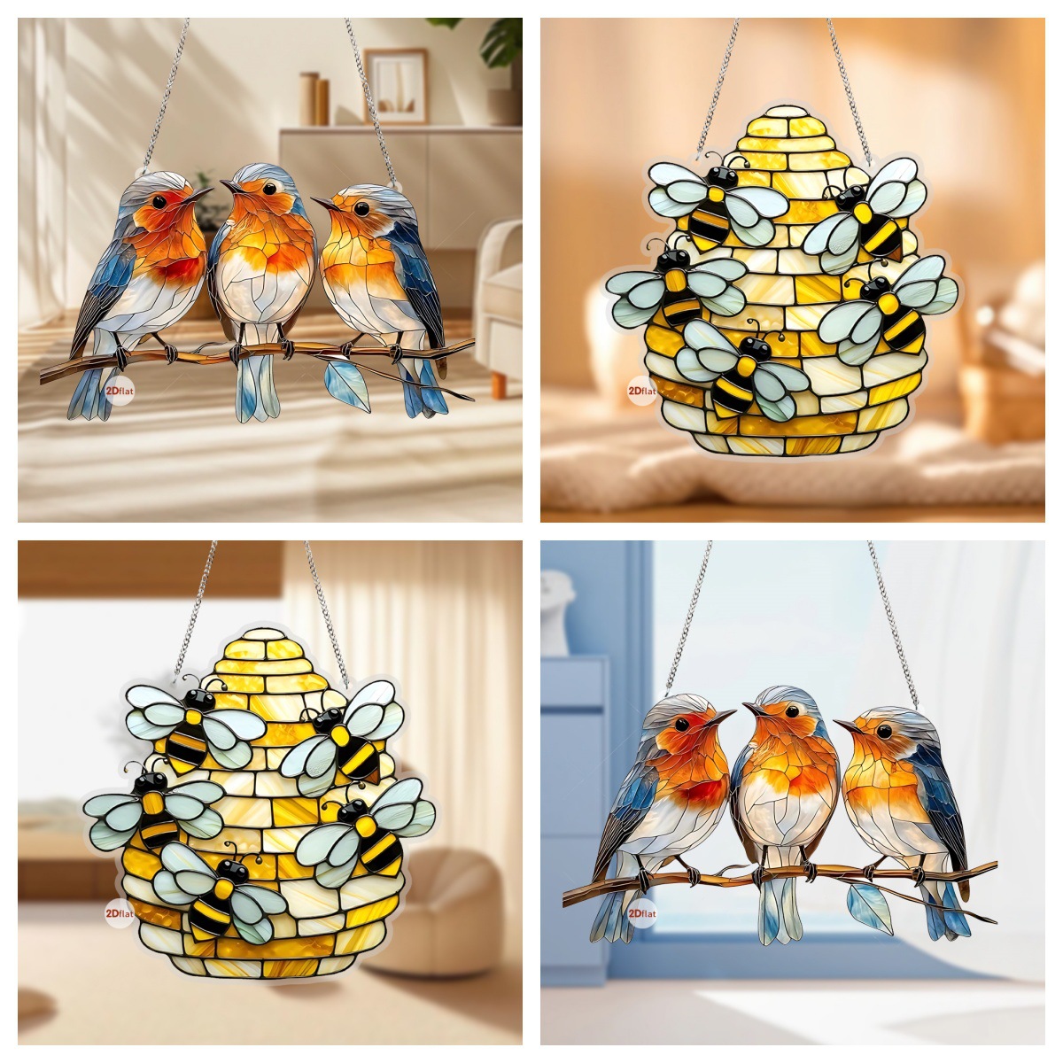 Año Nuevo tres aves y abejas serie de animales acrílicos planos 2D decoración de la ventana de la fiesta listada