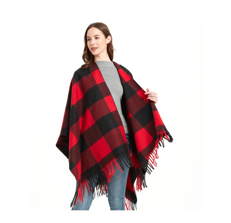 Unisex Autumn/Winter women's split cape thickened plaid bristle fringe cape_viptrois.com