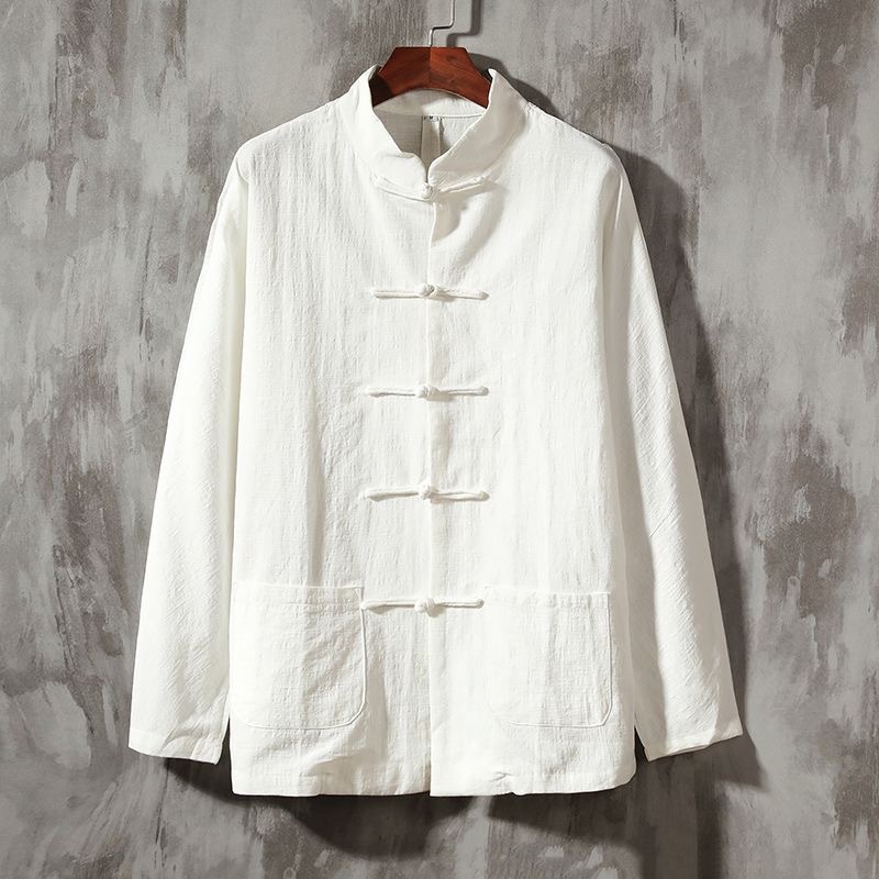 Primavera y otoño Nuevo estilo chino retro para hombres Camisa de lino de estilo chino Camisa de manga larga con hebilla de algodón y lino para hombres con cuello alto Traje Tang image 8